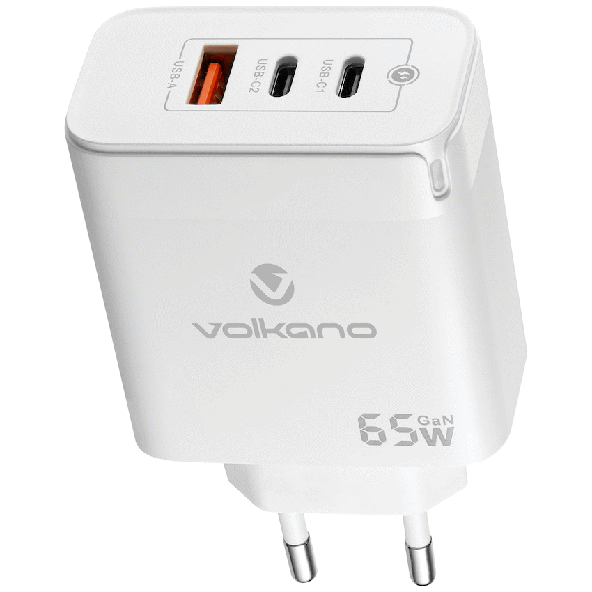 Volkano Potent Trio 65w GaN 3 Port Wall Charger | VK-8065-WT
