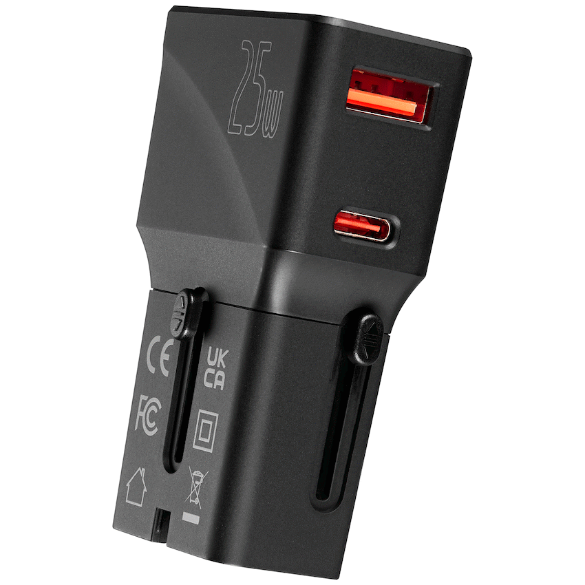 Volkano Globetrotter Series 25w Dual USB + Type-C Mini Travel Adaptor | Vk-8028-BK