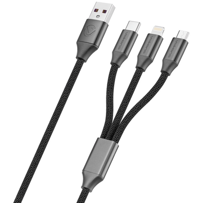Volkano Weave Series Fabric Braided 3-in-1 (Type-C/Lightning/Micro) Cable 1m - Black | VK-20111-BK