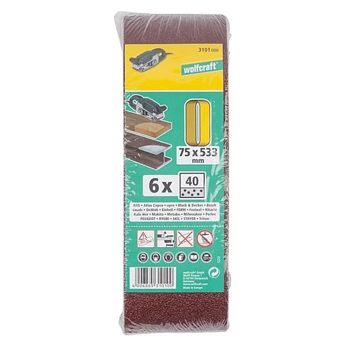 Wolfcraft 6 Piece 40 Grit Fabric Sanding Belts, 75 x 533mm | 3101000