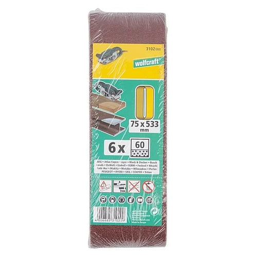 Wolfcraft 6 Piece 60 Grit Fabric Sanding Belts, 75 x 533mm | 3102000