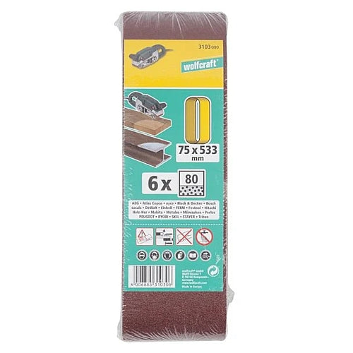 Wolfcraft 6 Piece 80 Grit Fabric Sanding Belts, 75 x 533mm | 3103000