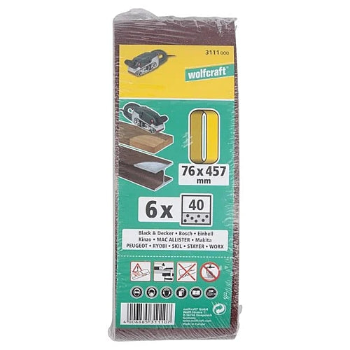 Wolfcraft 6 Piece 40 Grit Fabric Sanding Belts, 76 x 457mm | 3111000