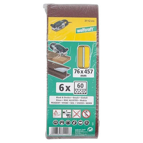 Wolfcraft 6 Piece 60 Grit Fabric Sanding Belts, 76 x 457mm | 3112000