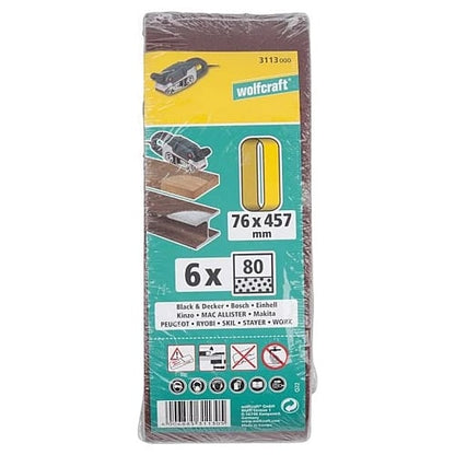 Wolfcraft 6 Piece 80 Grit Fabric Sanding Belts, 76 x 457mm | 3113000