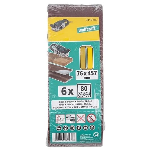 Wolfcraft 6 Piece 80 Grit Fabric Sanding Belts, 76 x 457mm | 3113000