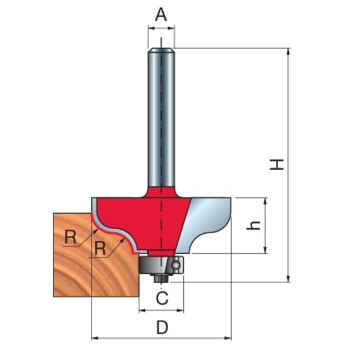 Freud Ogee Fillet Router Bit, D-38.1mm x h-16.2mm x H-57.4mm x C-9.53mm x R-6.35mm x A-1/4" | 38-20425P