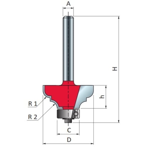 Freud Classical Ogee Router Bit, D-28.58mm x h-12.7mm x H-54.9mm x C-12.7mm x R1-3.97mm x R2-3.97mm x A-1/4" | 38-60225P
