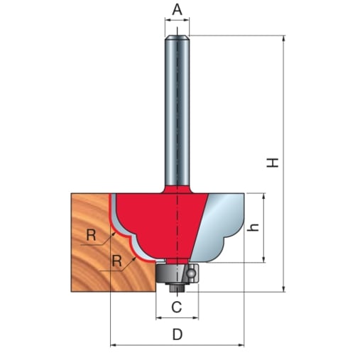 Freud Double Cove Router Bit, D-38.9mm x h-18.3mm x H-60.8mm x C-9.53mm x R-6.35mm x A1/4" | 38-30425P
