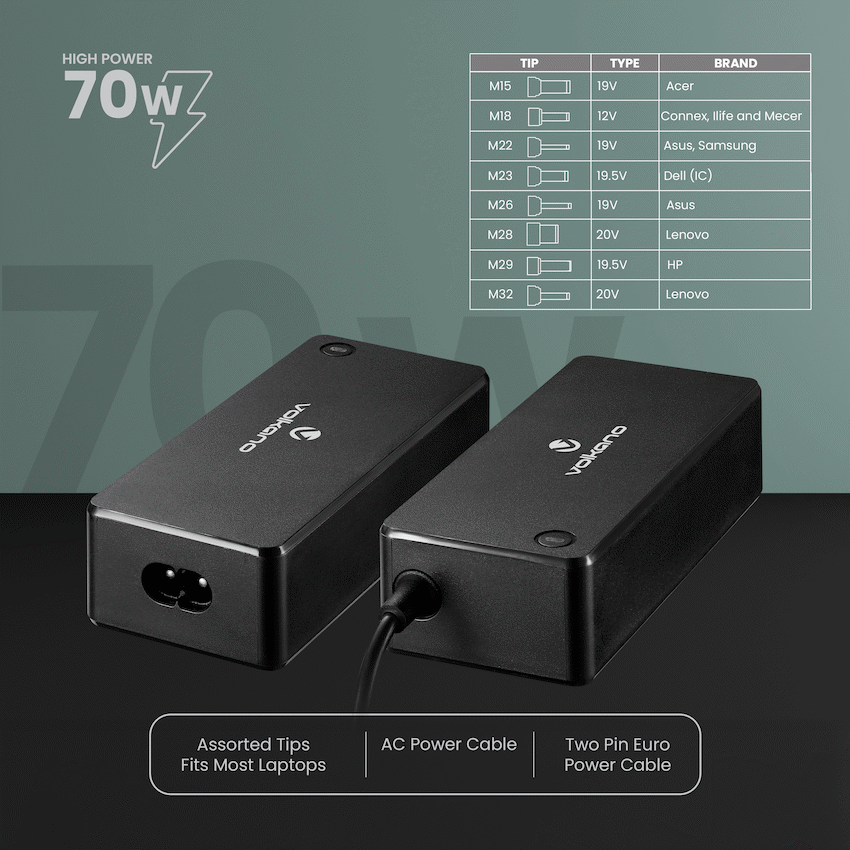 Volkano Omni Plus Universal 70W laptop charger with 12V out | VK-8047-BK