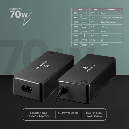 Volkano Omni Plus Universal 70W laptop charger with 12V out | VK-8047-BK