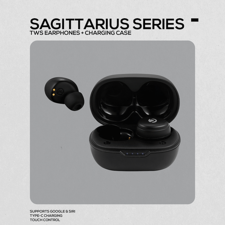 Volkano Sagittarius Series TWS Earphones + Charging Case - Black | VK-1143-BK