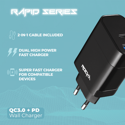 Rocka Rapid Series QC3.0 + PD Wall Charger, 18w, with Cable | RK-8039-BK