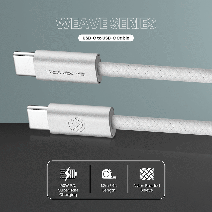 Volkano Weave Series 60w USB C to USB C 1.2m-White | VK-30260-WT