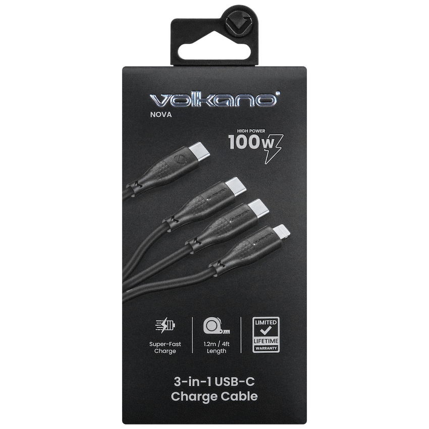 Volkano Nova Series USB C to 2 USB C and lightning cable 100W TPE-Black | VK-30089-BK
