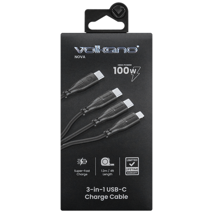Volkano Nova Series USB C to 2 USB C and lightning cable 100W TPE-Black | VK-30089-BK