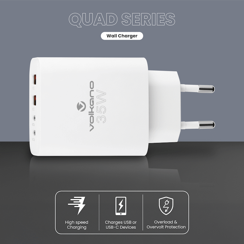 Volkano Quad Series 2x PD USB-C 2x USB-A 3a 35W Wall Charger | VK-8059-WT