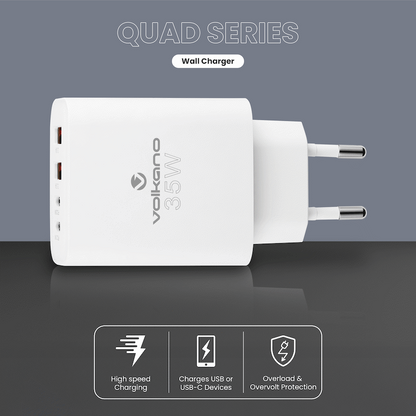Volkano Quad Series 2x PD USB-C 2x USB-A 3a 35W Wall Charger | VK-8059-WT