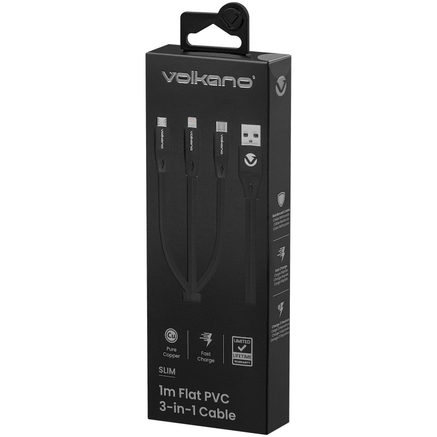 Volkano Slim Series Flat PVC 3-in-1 (Type-C / Lightning / Micro) Cable 30W 1m- Black | VK-20086-BK