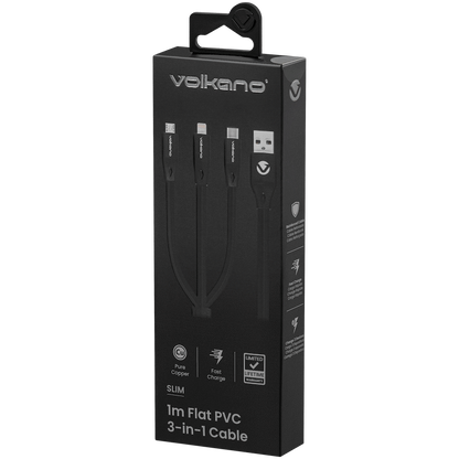 Volkano Slim Series Flat PVC 3-in-1 (Type-C / Lightning / Micro) Cable 30W 1m- Black | VK-20086-BK