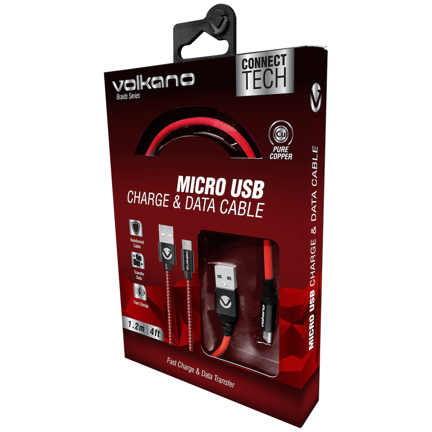 Volkano Braids Series Nylon Braided Micro USB Cable 1.2m - Black & Red | VK-20102-BKRD