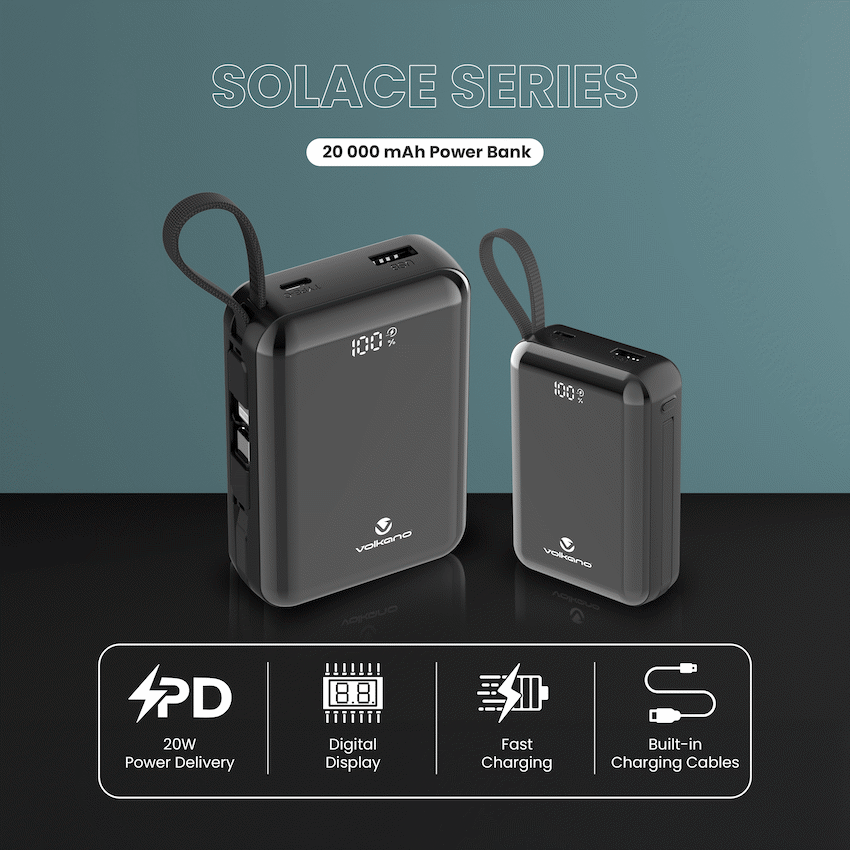 Volkano Solace Series 20 000 mAh Power Bank with Built-in USB-C & Lightning Cable - Black | VK-9040-BK
