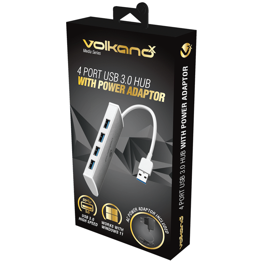 VolkanoX Media Series 4-Port USB Hub with Power Cable | VK-20208-SL