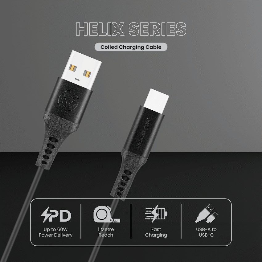 Volkano Helix Series Coiled 1m Charging Cable USB-A To USB-C 60W - Black | VK-20376-BK
