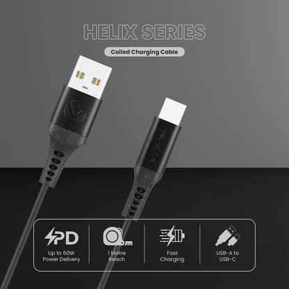 Volkano Helix Series Coiled 1m Charging Cable USB-A To USB-C 60W - Black | VK-20376-BK