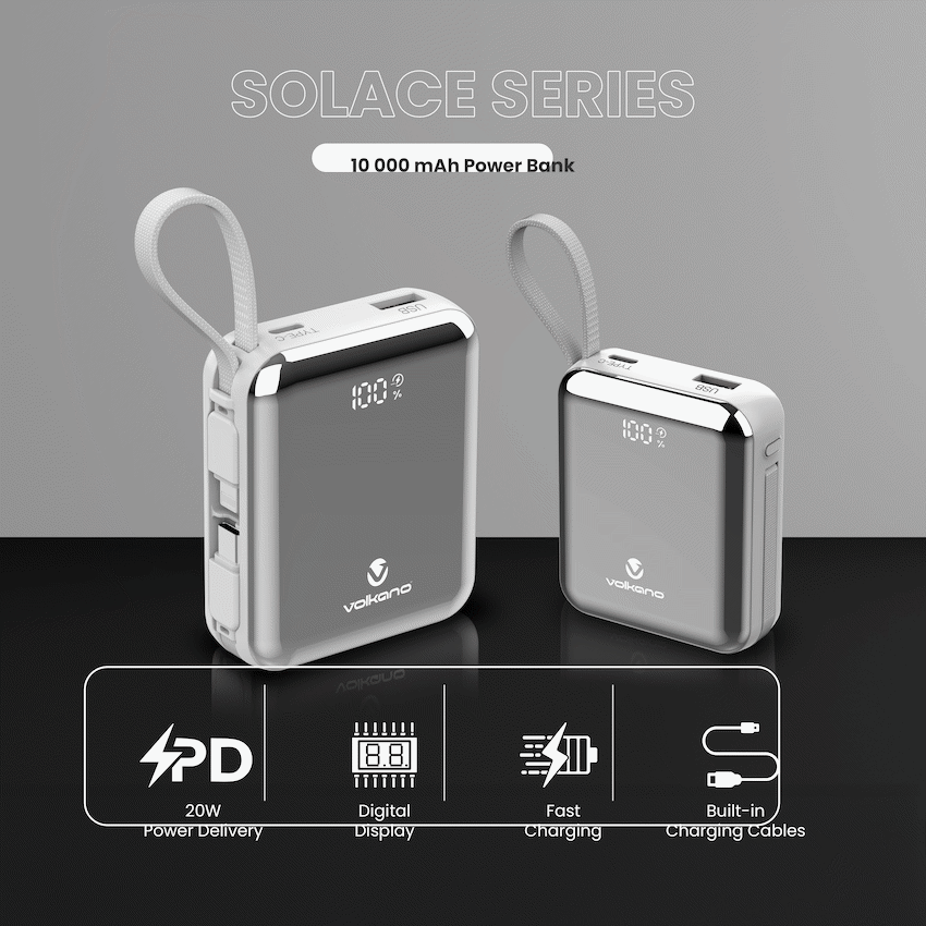 Volkano Solace Series 10 000 mAh Power Bank with Built-in USB-C & Lightning Cable - White & Silver | VK-9039-WT/SL