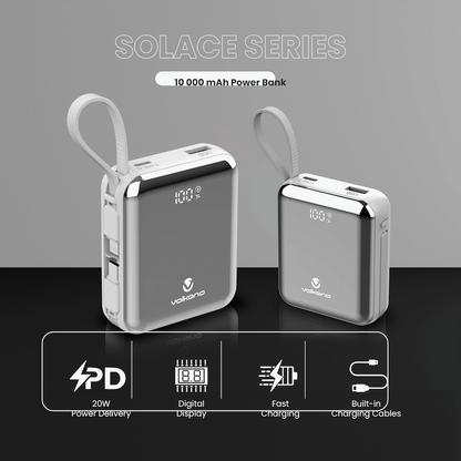 Volkano Solace Series 10 000 mAh Power Bank with Built-in USB-C & Lightning Cable - White & Silver | VK-9039-WT/SL