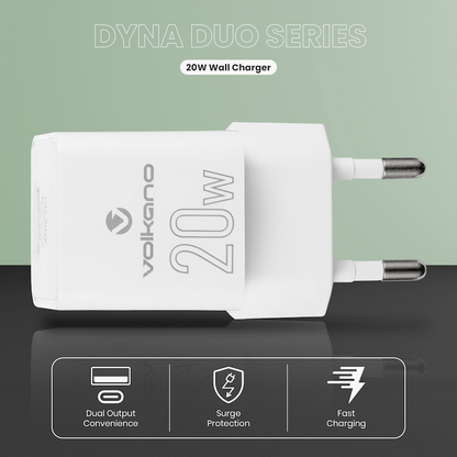 Volkano Dyna Duo 20w PD + QC 3.0 Wall Charger | VK-8058-WT