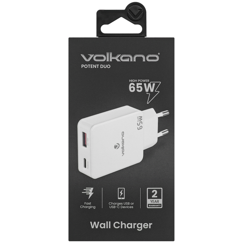 Volkano Potent Duo series 65W Dual USB and USB-C PD Compact Wall Charger | VK-8055-WT[V2]