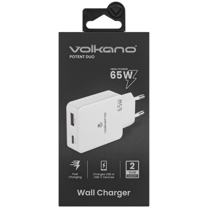Volkano Potent Duo series 65W Dual USB and USB-C PD Compact Wall Charger | VK-8055-WT[V2]