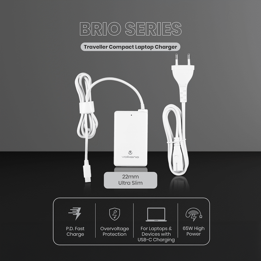Volkano Brio Traveller Compact 65w GaN Laptop Charger | VK-8062-WT