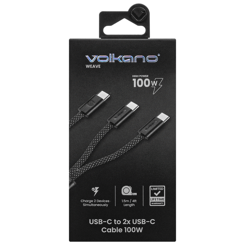 Volkano Weave Series USB C to 2 USB C 100W 1.5m | VK-30238-BK
