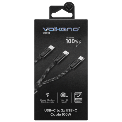 Volkano Weave Series USB C to 2 USB C 100W 1.5m | VK-30238-BK