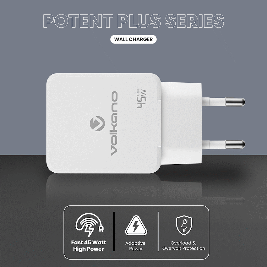 Volkano Potent Plus series 45W GaN Compact Dual USB and USB-C PD Wall Charger | VK-8054-WT[V2]