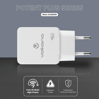 Volkano Potent Plus series 45W GaN Compact Dual USB and USB-C PD Wall Charger | VK-8054-WT[V2]