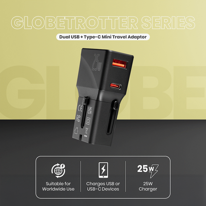 Volkano Globetrotter Series 25w Dual USB + Type-C Mini Travel Adaptor | Vk-8028-BK