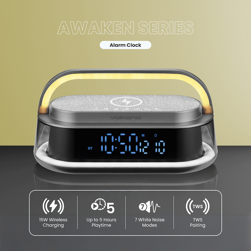 Volkano Awaken Series Alarm Clock with Wireless Charging and Speaker | VK-3129-GR