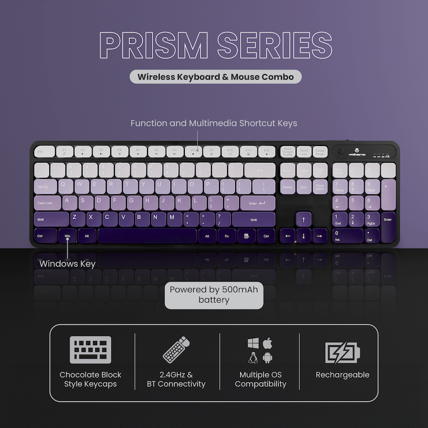 Volkano Prism Series Bluetooth Wireless Keyboard and Mouse - Purple | VK-20248-PR