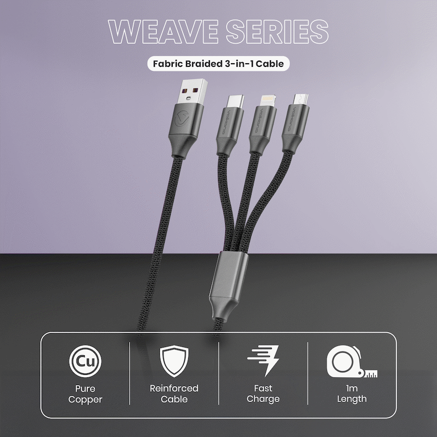 Volkano Weave Series Fabric Braided 3-in-1 (Type-C/Lightning/Micro) Cable 1m - Black | VK-20111-BK