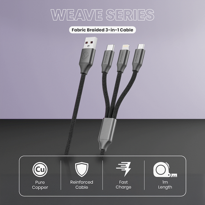 Volkano Weave Series Fabric Braided 3-in-1 (Type-C/Lightning/Micro) Cable 1m - Black | VK-20111-BK