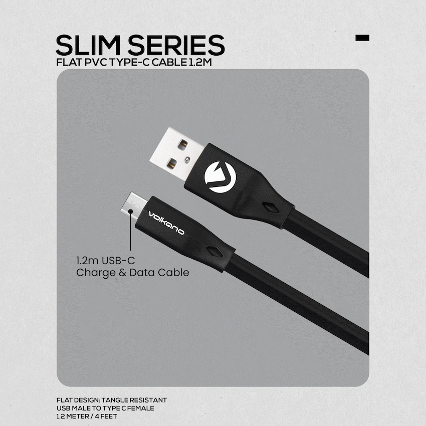 Volkano Slim Series Flat PVC Type-C Cable 1.2m - Black | VK-20085-BK
