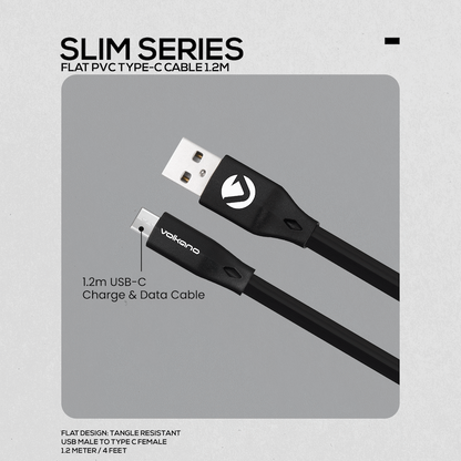 Volkano Slim Series Flat PVC Type-C Cable 1.2m - Black | VK-20085-BK