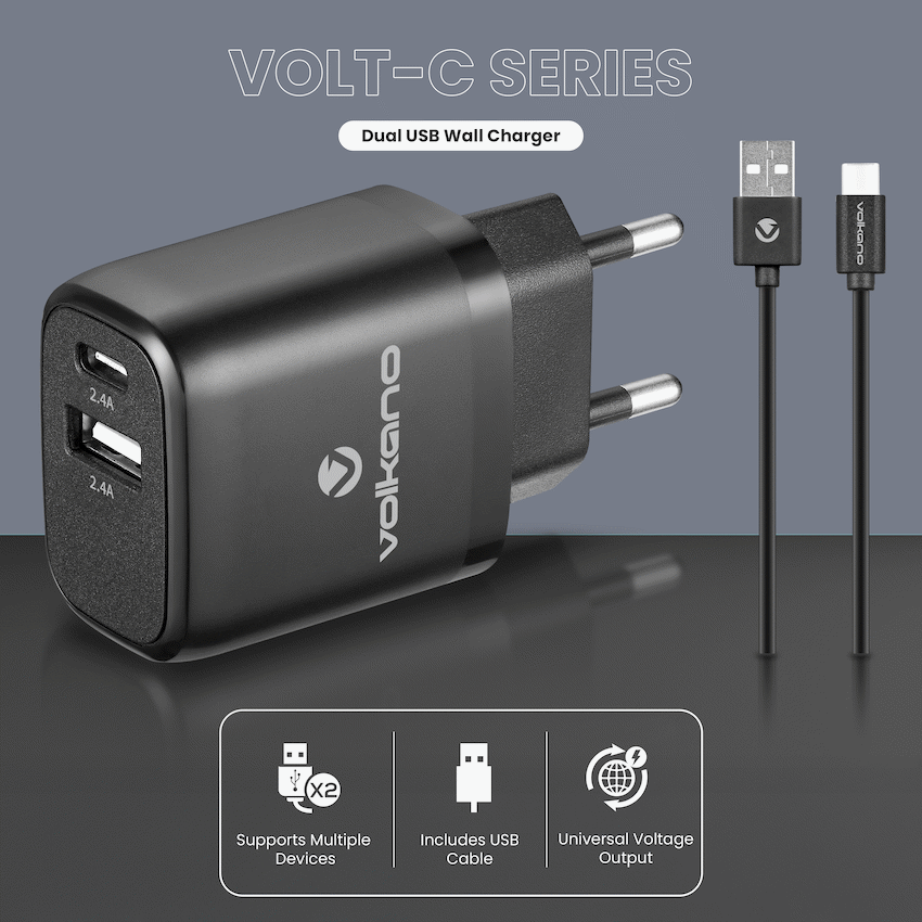 Volkano Volt-C Series Dual USB and USB-C Wall Charger with USB to USB-C Cable Included | VK-5002C-BK[V2]