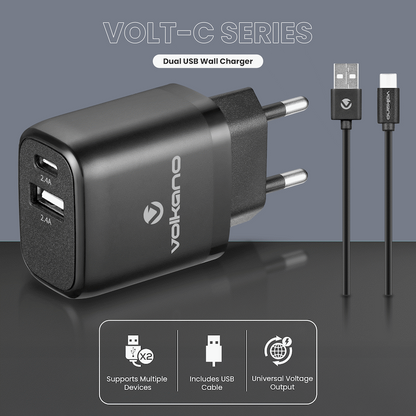 Volkano Volt-C Series Dual USB and USB-C Wall Charger with USB to USB-C Cable Included | VK-5002C-BK[V2]