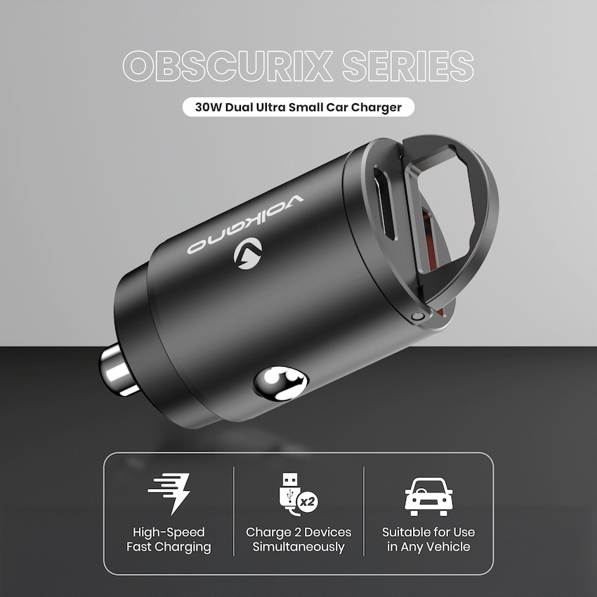 Volkano Obscurix Series 30w PD Dual USB-A and USB-C Ultra Small Car Charger | VK-8007-BK