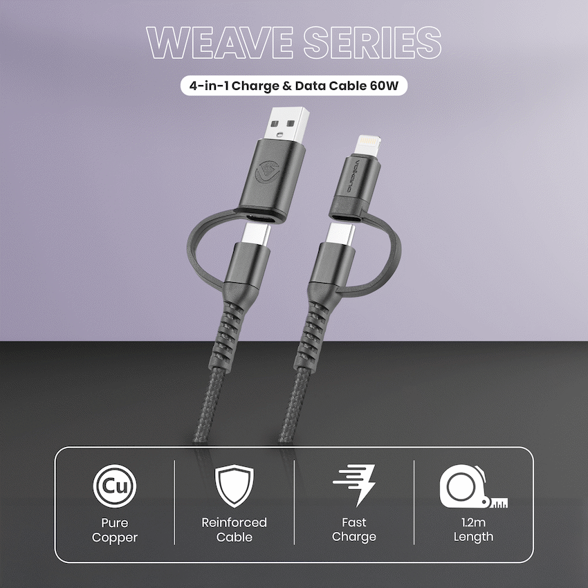 Volkano Weave Series 4-in-1 Charge & Data Cable 60w - 1.2m/4ft | VK-20170-BK